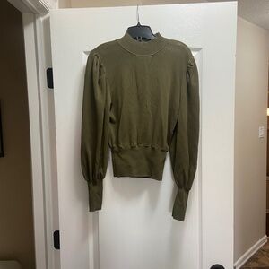Madison The Label Olive Twist-Front Sweater – Size L | Puff Sleeves
